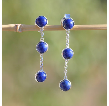 Longues boucles argent et 3 pierres Lapis lazuli