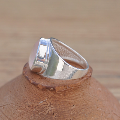 Anneau large en argent et pierre Quartz rose facettée goutte (rose) T55