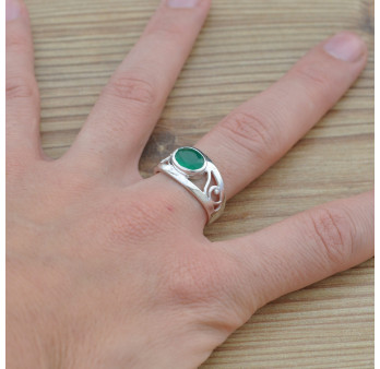 Anneau ajouré en argent et pierre Agate verte (vert)