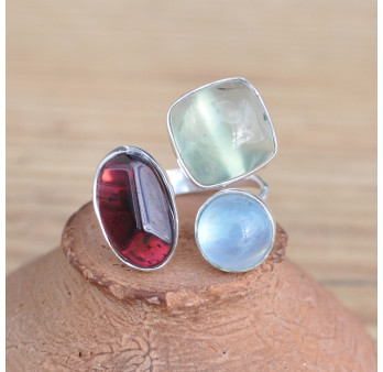 Bague ouverte argent et 3 pierres Aigue marine, Grenat et Prehnite (bleu) (rouge) (vert)