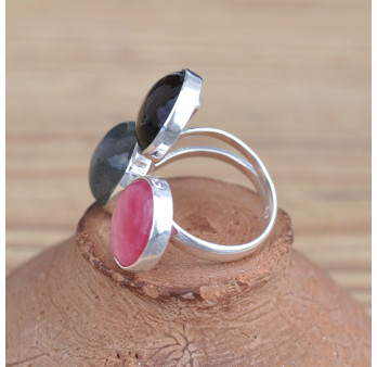Bague ouverte argent et 3 pierres Rhodochrosite, Quartz fumé et Labradorite (bleu) (rose) (brun)