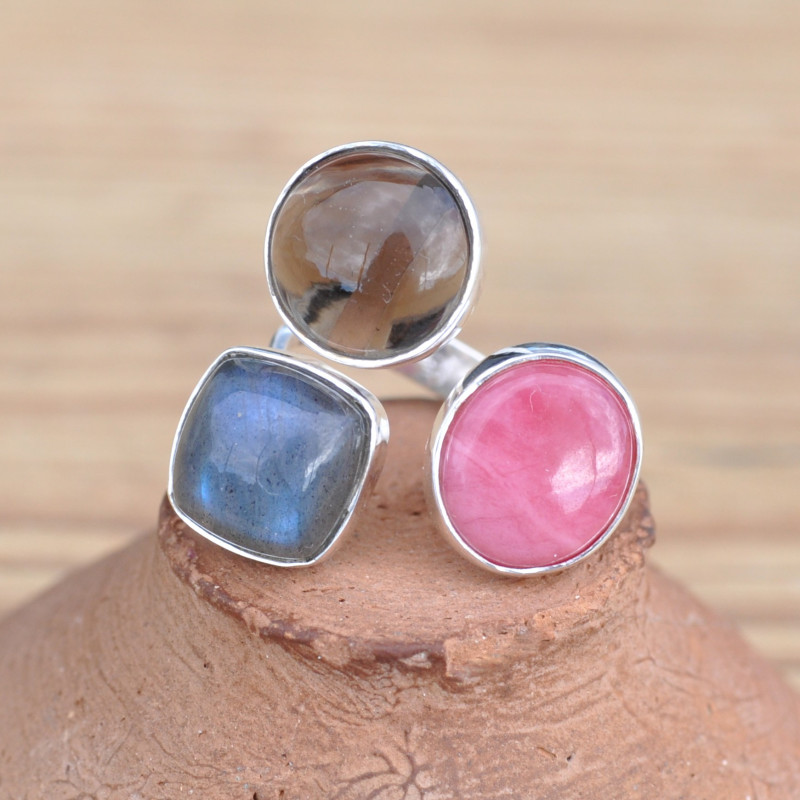 Bague ouverte argent et 3 pierres Rhodochrosite, Quartz fumé et Labradorite (bleu) (rose) (brun)