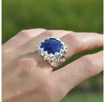 Grosse chevalière pointes argent et pierre Lapis lazuli T52/54/56/58/60