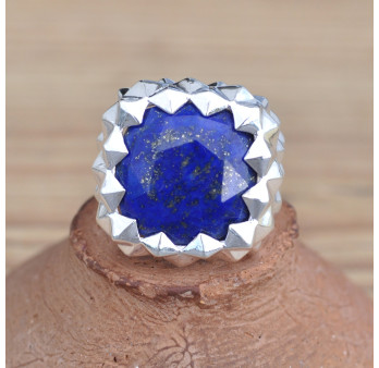 Grosse chevalière pointes argent et pierre Lapis lazuli (bleu)