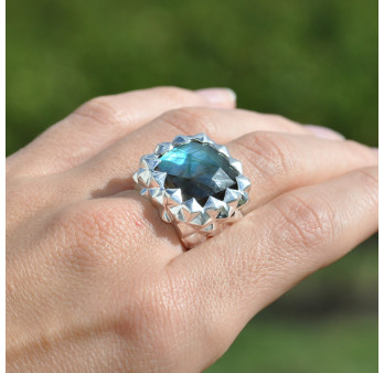 Grosse chevalière pointes argent et pierre Labradorite T52/54/56/58/60