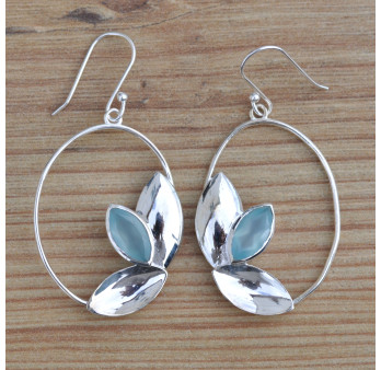 NEW ! Grandes boucles ovales ajourées argent et pierre Calcédoine (bleu)