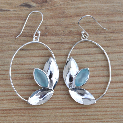 NEW ! Grandes boucles ovales ajourées argent et pierre Calcédoine (bleu)