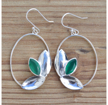 Grandes boucles ovales ajourées argent et pierre Agate verte (vert)