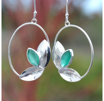 Grandes boucles ovales ajourées argent et pierre Agate verte (vert)