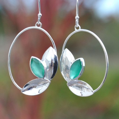 Grandes boucles ovales ajourées argent et pierre Agate verte (vert)
