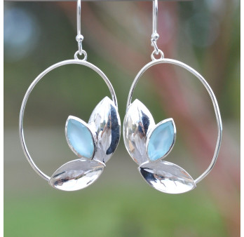 Grandes boucles ovales ajourées argent et pierre Calcédoine (bleu)