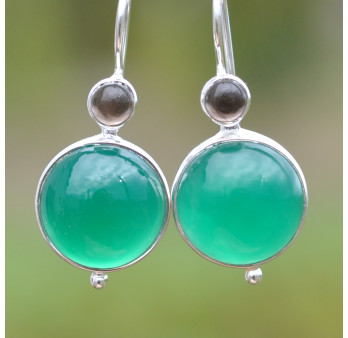 Boucles d'oreilles argent et 2 pierres rondes en Agate verte et Quartz fumé (vert) (brun)