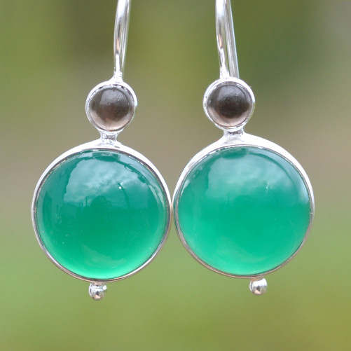 Boucles d'oreilles argent et 2 pierres rondes en Agate verte et Quartz fumé (vert) (brun)