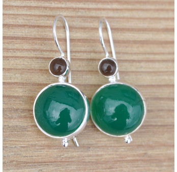 Boucles d'oreilles argent et 2 pierres rondes en Agate verte et Quartz fumé (vert) (brun)