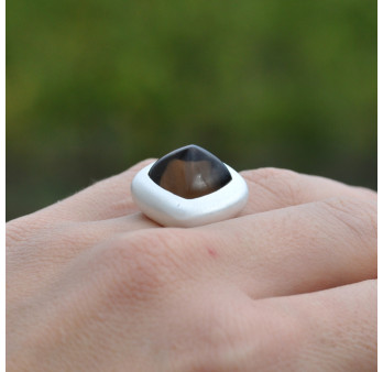 Bague carrée argent brossé et pierre Quartz fumé (brun) T53