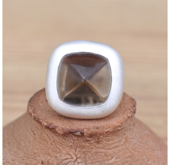 Bague carrée argent brossé et pierre Quartz fumé (brun)