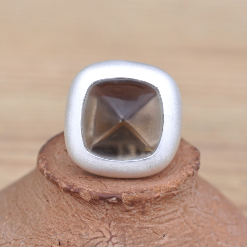 Bague carrée argent brossé et pierre Quartz fumé (brun)