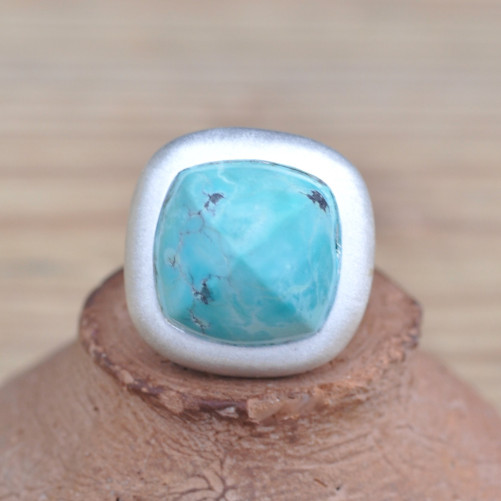 Bague carrée argent brossé et pierre Turquoise (bleu)