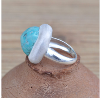 Bague carrée argent brossé et pierre Turquoise (bleu) T53