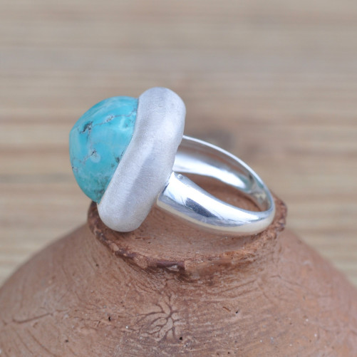 Bague carrée argent brossé et pierre Turquoise (bleu) T53