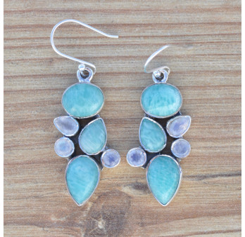 Boucles en argent et 6 pierres Amazonite et Pierre de lune (vert) (blanc)
