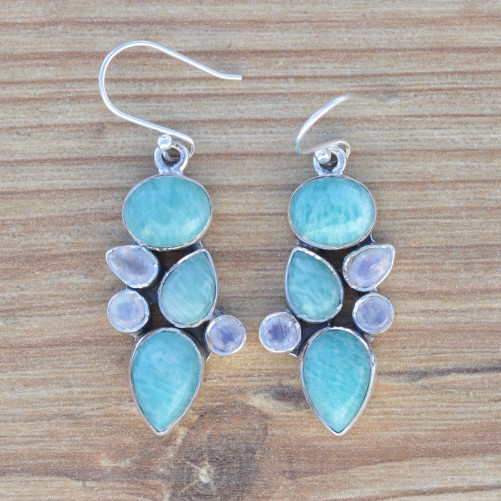 Boucles en argent et 6 pierres Amazonite et Pierre de lune (vert) (blanc)