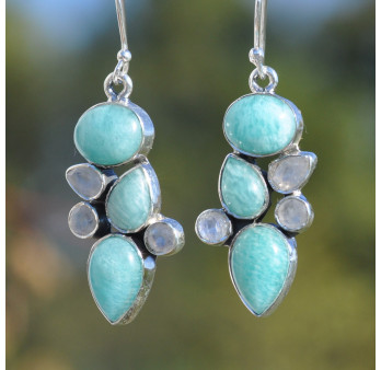 Boucles en argent et 6 pierres Amazonite et Pierre de lune (vert) (blanc)