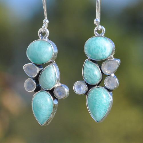 Boucles en argent et 6 pierres Amazonite et Pierre de lune (vert) (blanc)