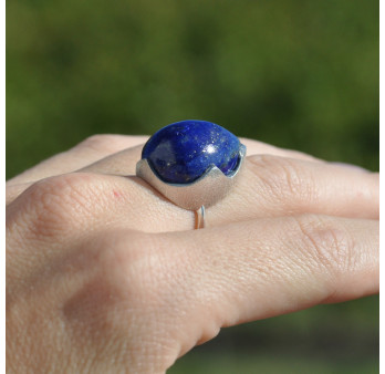 Bague goutte argent brossé et pierre bombée Lapis lazuli (bleu)