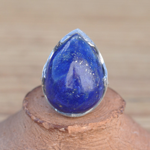Bague goutte argent brossé et pierre bombée Lapis lazuli (bleu)