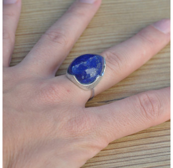 Bague goutte argent brossé et pierre bombée Lapis lazuli (bleu)