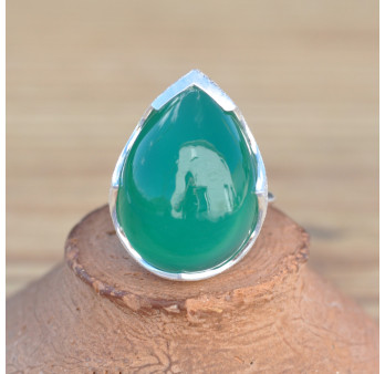 Bague goutte argent brossé et pierre bombée Agate verte (vert)