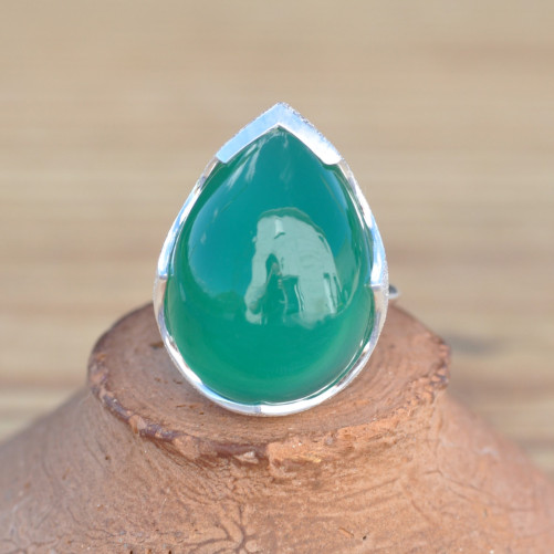 Bague goutte argent brossé et pierre bombée Agate verte (vert)