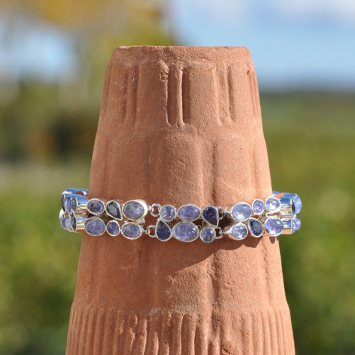 Bracelet 2 rangs argent et 42 pierres en Tanzanite et Iolite (violet)