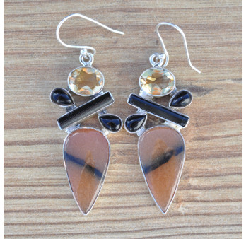 Grandes boucles argent et 5 pierres Calcite Onyx Citrine et Tourmaline (orange) (jaune) (noir)