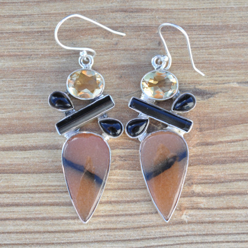 Grandes boucles argent et 5 pierres Calcite Onyx Citrine et Tourmaline (orange) (jaune) (noir)