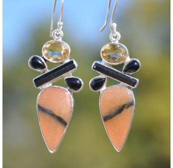 Grandes boucles argent et 5 pierres Calcite Onyx Citrine et Tourmaline (orange) (jaune) (noir)