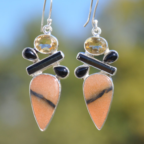 Grandes boucles argent et 5 pierres Calcite Onyx Citrine et Tourmaline (orange) (jaune) (noir)