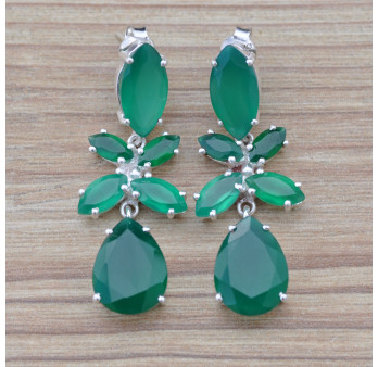 Longues boucles argent 6 pierres facettées en Agate verte (vert)