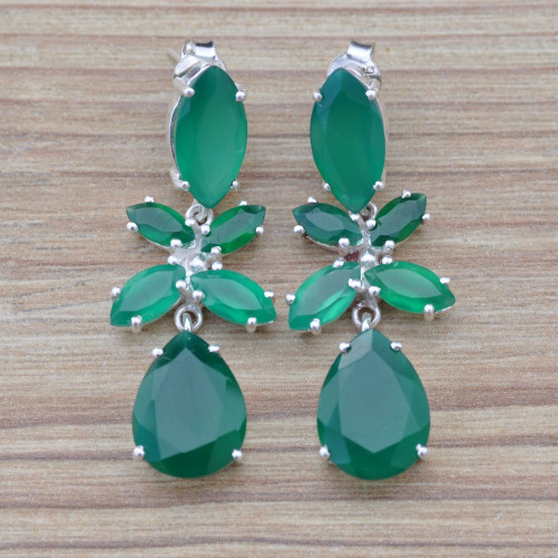 Longues boucles argent 6 pierres facettées en Agate verte (vert)