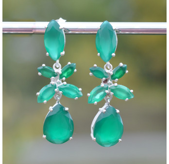 Longues boucles argent 6 pierres facettées en Agate verte (vert)