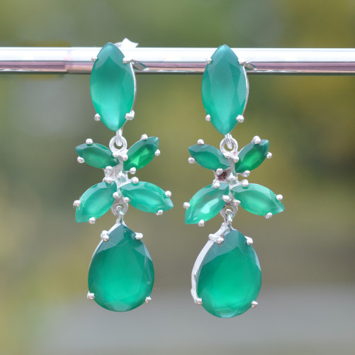 Longues boucles argent 6 pierres facettées en Agate verte (vert)
