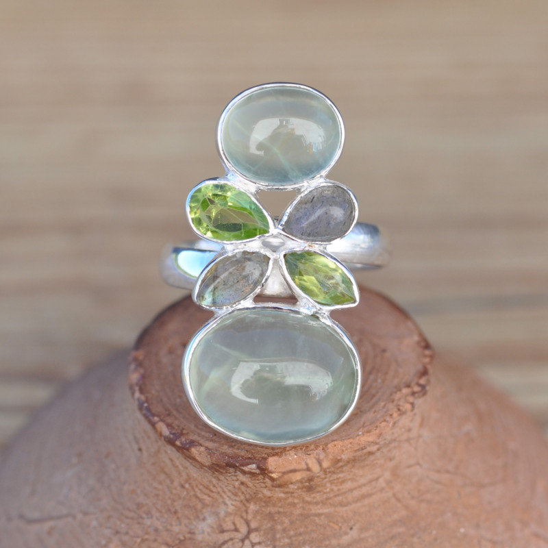 Bague multipierres en argent et Prehnite Péridot et Labradorite (vert) (bleu)