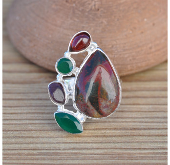 Bague multipierres en argent Jaspe héliotrope Agate verte Grenat et Tourmaline (vert) (rouge)