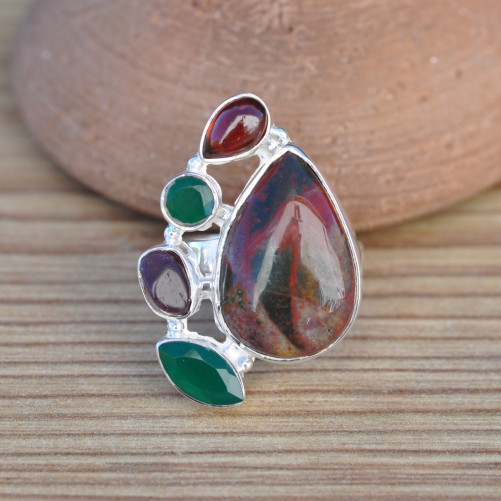 Bague multipierres en argent Jaspe héliotrope Agate verte Grenat et Tourmaline (vert) (rouge)