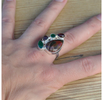 Bague multipierres en argent Jaspe héliotrope Agate verte Grenat et Tourmaline (vert) (rouge) T55