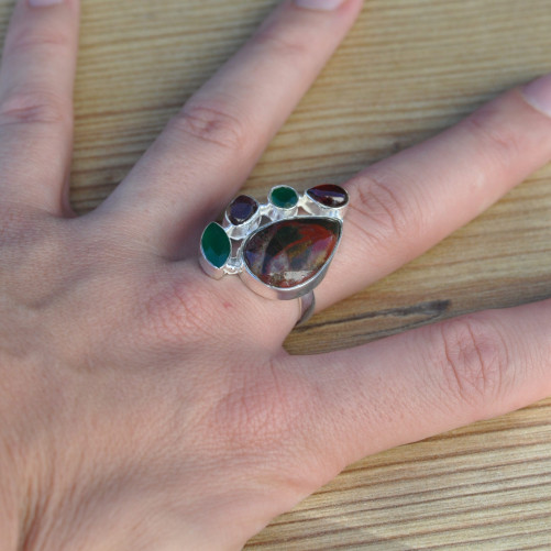 Bague multipierres en argent Jaspe héliotrope Agate verte Grenat et Tourmaline (vert) (rouge) T55