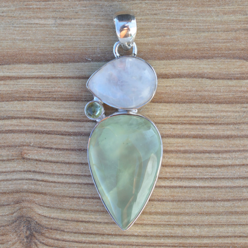 Pendentif en argent et 3 pierres PREHNITE et Pierre de lune (vert) (blanc)