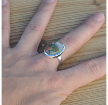 Bague ovale en argent et pierre Jaspe orbiculaire (vert) (orange)