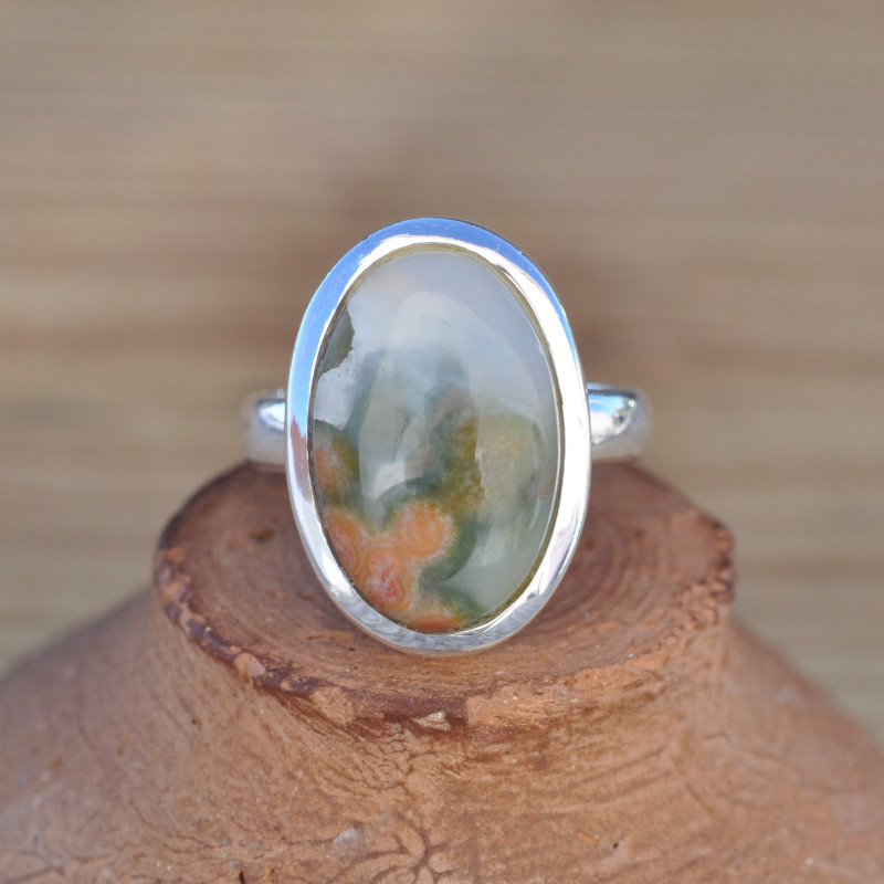 Bague ovale en argent et pierre Jaspe orbiculaire (vert) (orange) T57 Bague ovale en argent et pierre Jaspe orbiculaire (vert) (orange) T57